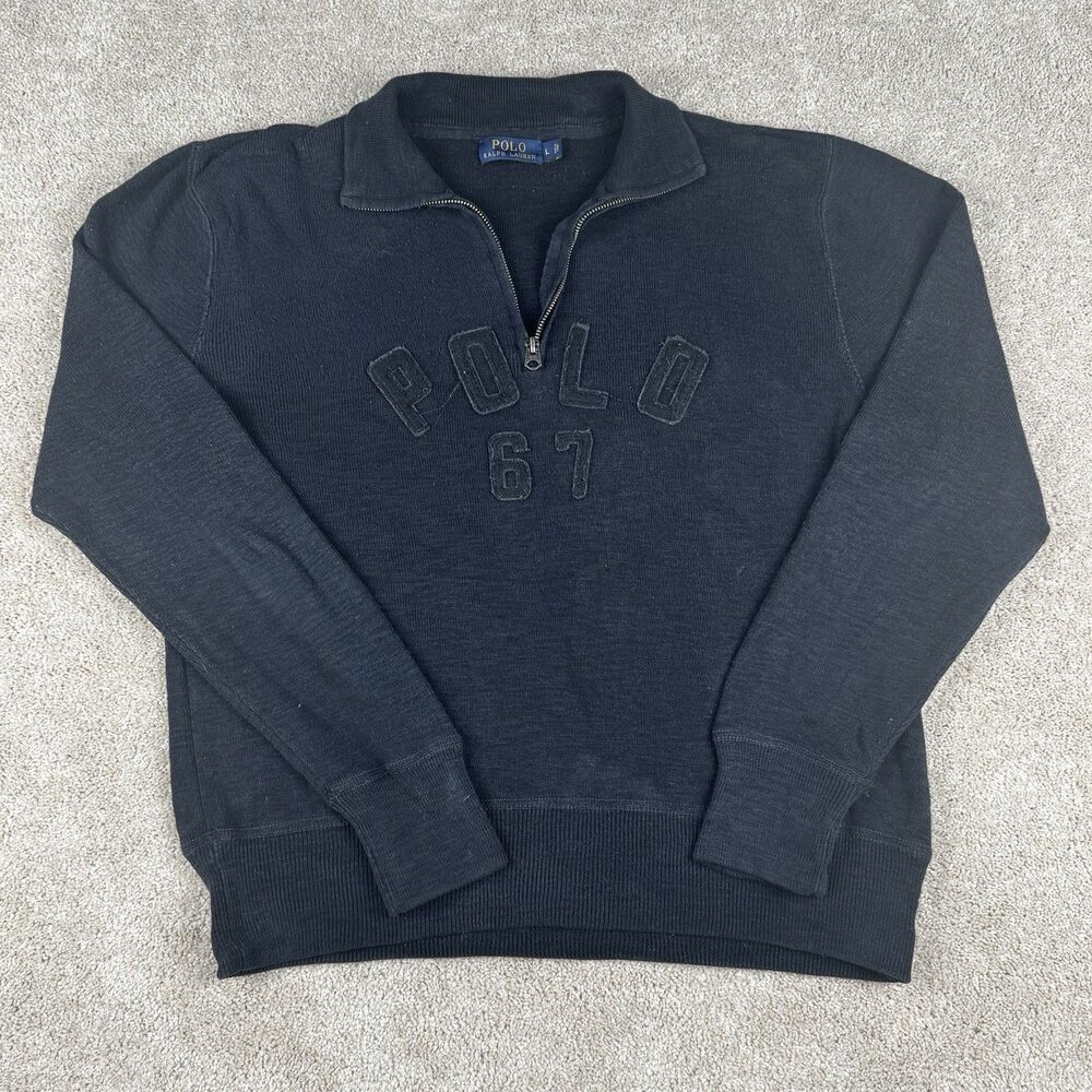 Ralph Lauren Polo 67 Appliqué Logo Sweater Black 1/4 Zip Pullover Mens Large